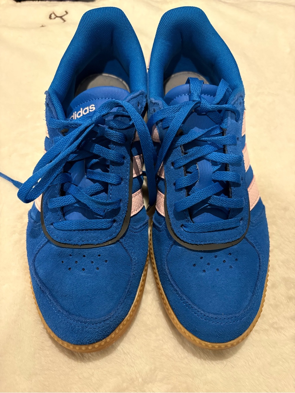 adidas women’s  Blue Suede Trainers with Light Pink Stripes